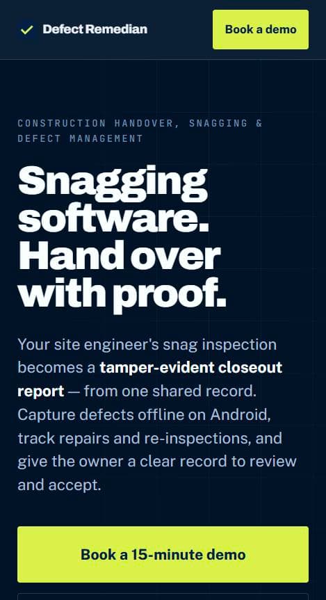 Defect Remedian home page on a phone