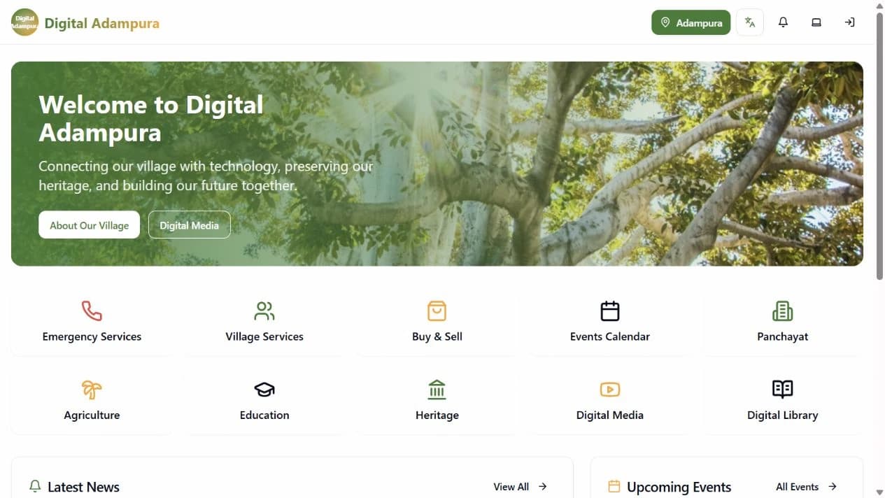 DigiVillage's Digital Adampura home page with community services